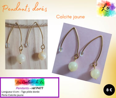Boucles pendants tige pliée dorée Calcite jaune Les Couleurs de Lo