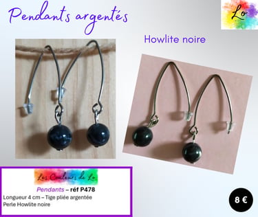 Boucles pendants tige pliée argentée Howlite noire Les Couleurs de Lo