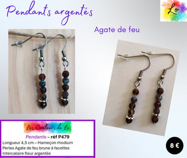 Boucles pendants argentés Agate de feu brune Les Couleurs de Lo