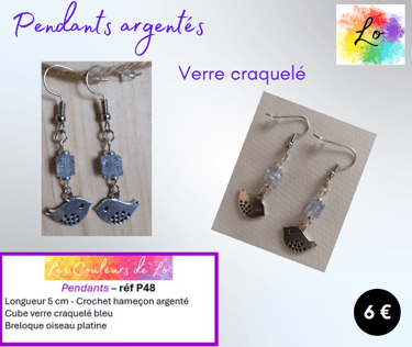 Boucles pendants argentés verre craquelé oiseau platine Les Couleurs de Lo