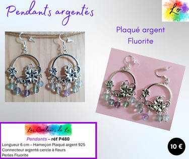 Boucles pendants Plaqué argent chandelier cercle à fleurs Fluorite Les Couleurs de Lo