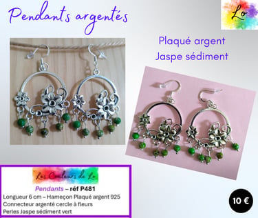 Boucles pendants Plaqué argent chandelier disque à fleurs Jaspe sédiment vert Les Couleurs de Lo