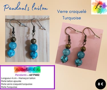 Boucles pendants laiton verre craquelé Turquoise Les Couleurs de Lo