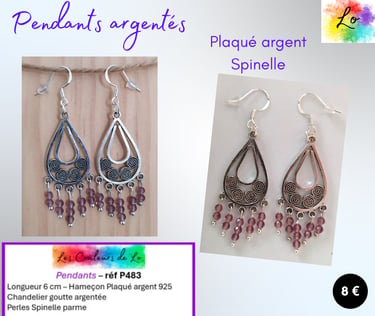 Boucles pendants Plaqué argent chandelier goutte ajourée Spinelle parme Les Couleurs de Lo