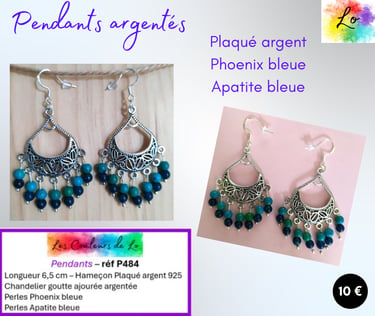 Boucles pendants Plaqué argent chandelier Phoenix bleue Apatite bleue Les Couleurs de Lo