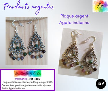 Boucles pendants Plaqué argent chandelier Agate indienne Les Couleurs de Lo