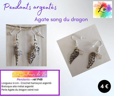 Boucles pendants argentés Agate sang du dragon aile métal Les Couleurs de Lo