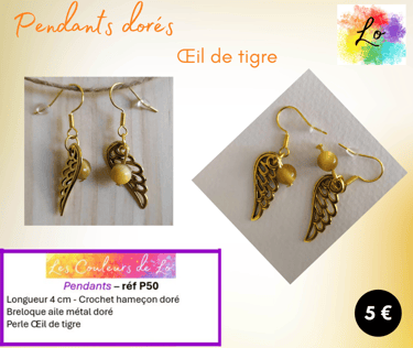 Boucles pendants dorés Œil de tigre jaune aile métal Les Couleurs de Lo