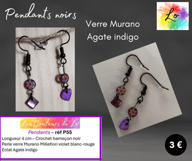 Boucles pendants noirs verre Murano Millefiori Agate Indigo Les Couleurs de Lo