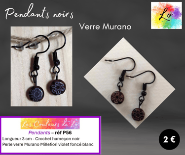 Boucles pendants noirs verre Murano Millefiori Les Couleurs de Lo