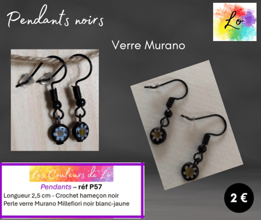Boucles pendants noirs verre Murano Millefiori Les Couleurs de Lo