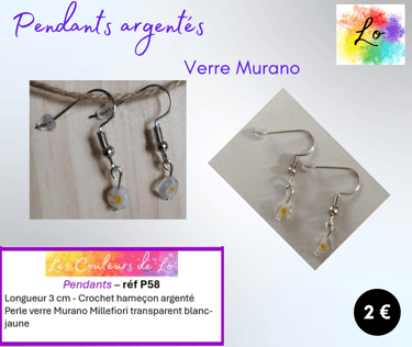 Boucles pendants argentés verre Murano Millefiori Les Couleurs de Lo