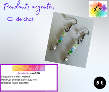 Boucles pendants argentés Œil de chat pastel feuille métal Les Couleurs de Lo