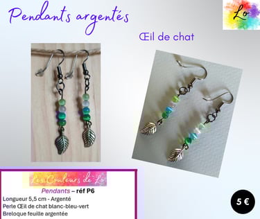 Boucles pendants argentés Œil de chat pastel feuille métal Les Couleurs de Lo