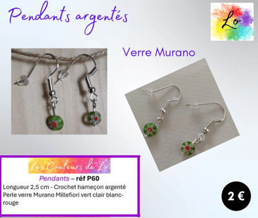 Boucles pendants argentés verre Murano Millefiori Les Couleurs de Lo