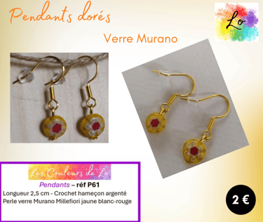 Boucles pendants dorés verre Murano Millefiori jaune Les Couleurs de Lo