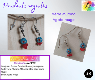 Boucles pendants argentés verre Murano Millefiori Agate rouge Les Couleurs de Lo