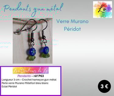 Boucles pendants gun métal verre Murano Millefiori Péridot Les Couleurs de Lo
