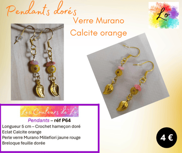 Boucles pendants dorés verre Murano Millefiori Calcite orange feuille métal Les Couleurs de Lo