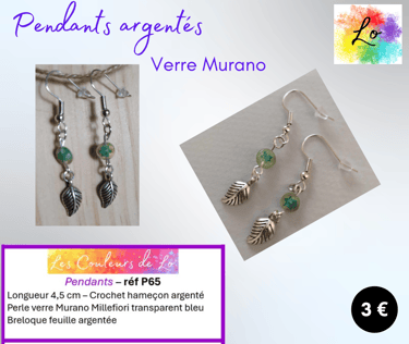 Boucles pendants argentés verre Murano Millefiori feuille métal Les Couleurs de Lo