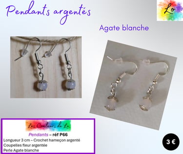 Boucles pendants argentés Agate blanche Les Couleurs de Lo