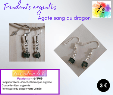 Boucles pendants argentés Agate sang du dragon vert Les Couleurs de Lo