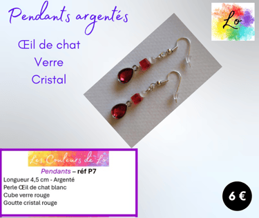 Boucles pendants argentés Œil de chat verre goutte cristal rouge Les Couleurs de Lo