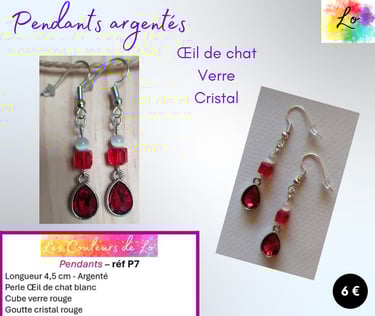 Boucles pendants argentés Œil de chat verre rouge goutte cristal rouge Les Couleurs de Lo