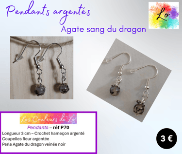 Boucles pendants argentés Agate sang du dragon noir Les Couleurs de Lo