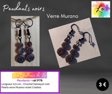Boucles pendants noirs verre Murano violet Les Couleurs de Lo