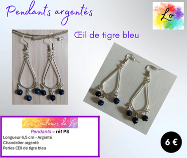 Boucles pendants argentés Œil de tigre bleu Les Couleurs de Lo