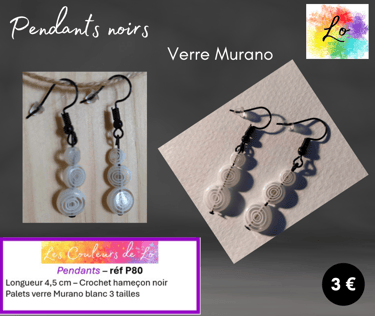 Boucles pendants noirs verre Murano blanc Les Couleurs de Lo