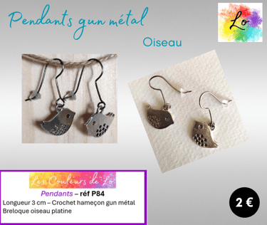 Boucles pendants gun métal oiseau platine Les Couleurs de Lo