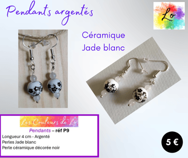 Boucles pendants argentés céramique décorée Jade blanc Les Couleurs de Lo