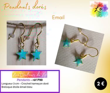 Boucles pendants dorés étoile émail bleu Les Couleurs de Lo