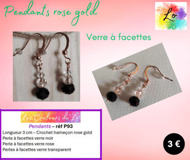 Boucles pendants rose gold verre à facettes noir rose Les Couleurs de Lo