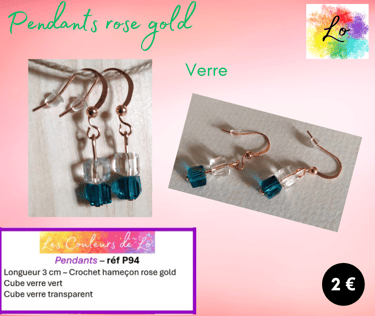 Boucles pendants rose gold verre vert transparent Les Couleurs de Lo