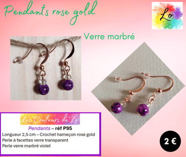 Boucles pendants rose gold verre marbré violet transparent Les Couleurs de Lo
