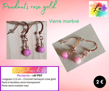 Boucles pendants rose gold verre marbré rose transparent Les Couleurs de Lo