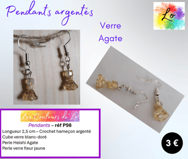 Boucles pendants argentés fleur verre jaune Agate Les Couleurs de Lo