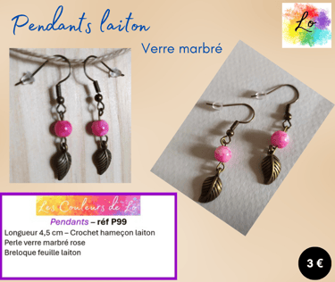 Boucles pendants laiton verre marbré rose feuille métal Les Couleurs de Lo