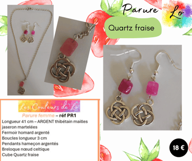 Parure Argent tibétain nœud celtique Quartz fraise Les Couleurs de Lo