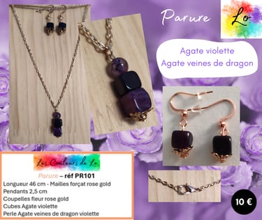 Parure rose gold Agate violette Agate veines de dragon Les Couleurs de Lo