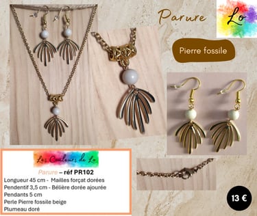 Parure dorée Pierre fossile beige plumeau doré Les Couleurs de Lo