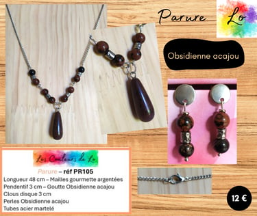 Parure argentée Obsidienne acajou tubes martelés argentés Les Couleurs de Lo