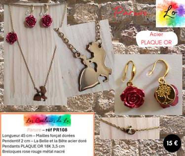 Parure dorée La Belle et la Bête rose rouge métal nacré Les Couleurs de Lo