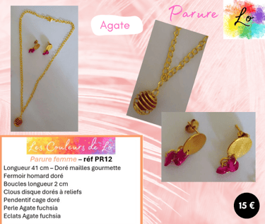 Parure dorée pendentif cage clous d'oreille fleur Agate fuchsia Les Couleurs de Lo