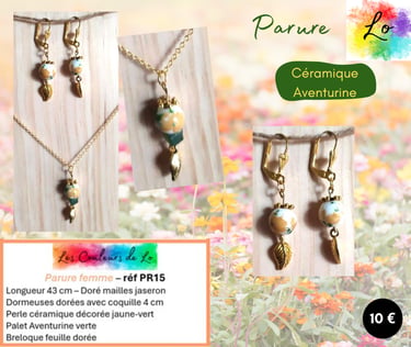 Parure dorée céramique décorée Aventurine verte feuille dorée Les Couleurs de Lo