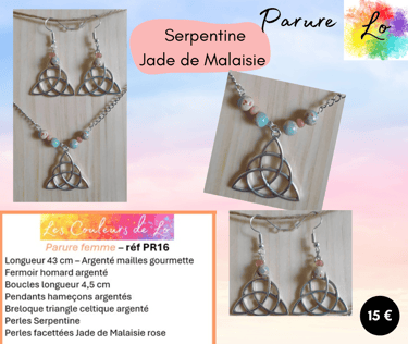 Parure argentée triangle celtique Serpentine Jade de Malaisie rose Les Couleurs de Lo