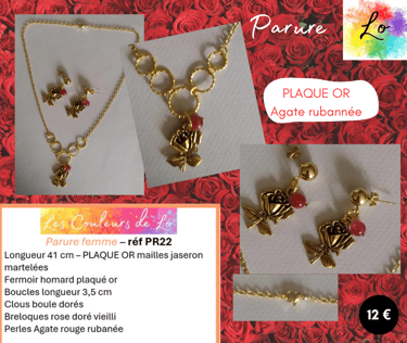 Parure Plaqué or Agate rouge rubanée Les Couleurs de Lo